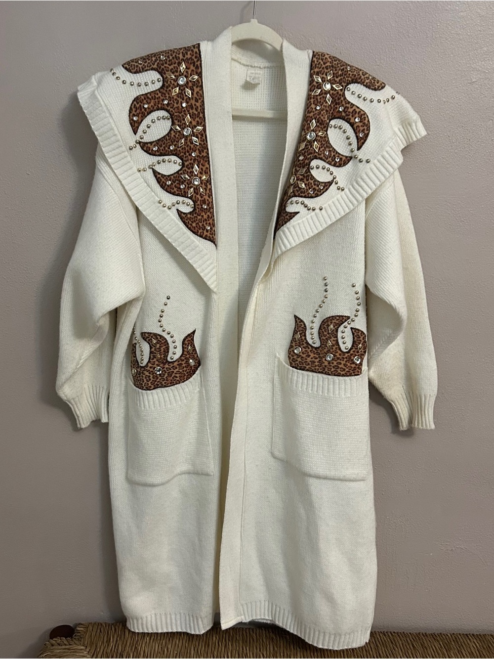 Vintage Y2K Western Cardigan Leopard Flame Rhinestone Hand Beaded Cowgirl Duster